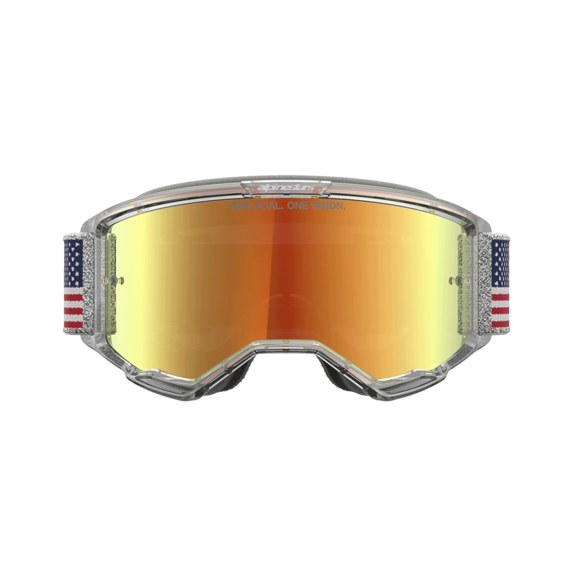 Ochelari de motocross Alpinestars Vision 5 Fiftyfold albastru-roșu-alb cu lentilă roșie oglindită