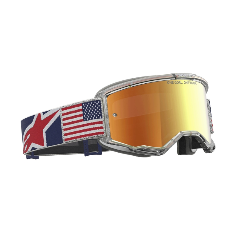Ochelari de motocross Alpinestars Vision 5 Fiftyfold albastru-roșu-alb cu lentilă roșie oglindită
