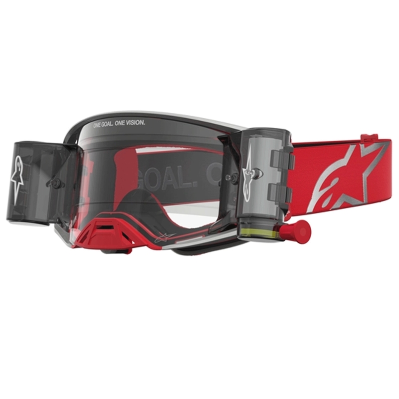 Ochelari de motocross Alpinestars Supertech Firma roșu-argintiu cu plexiglas transparent
