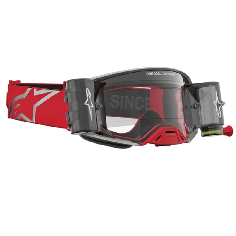 Ochelari de motocross Alpinestars Supertech Firma roșu-argintiu cu plexiglas transparent