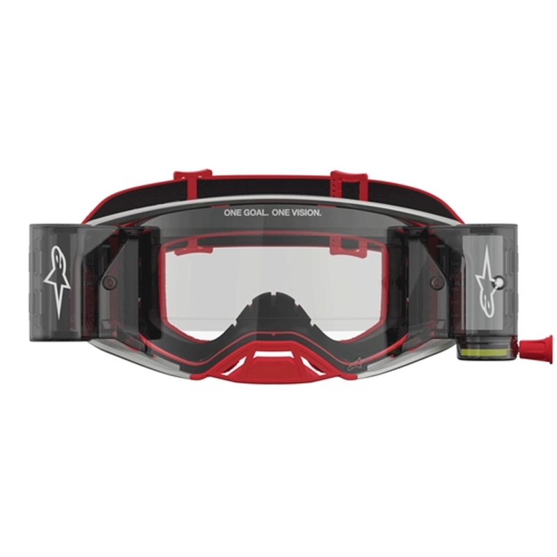 Ochelari de motocross Alpinestars Supertech Firma roșu-argintiu cu plexiglas transparent