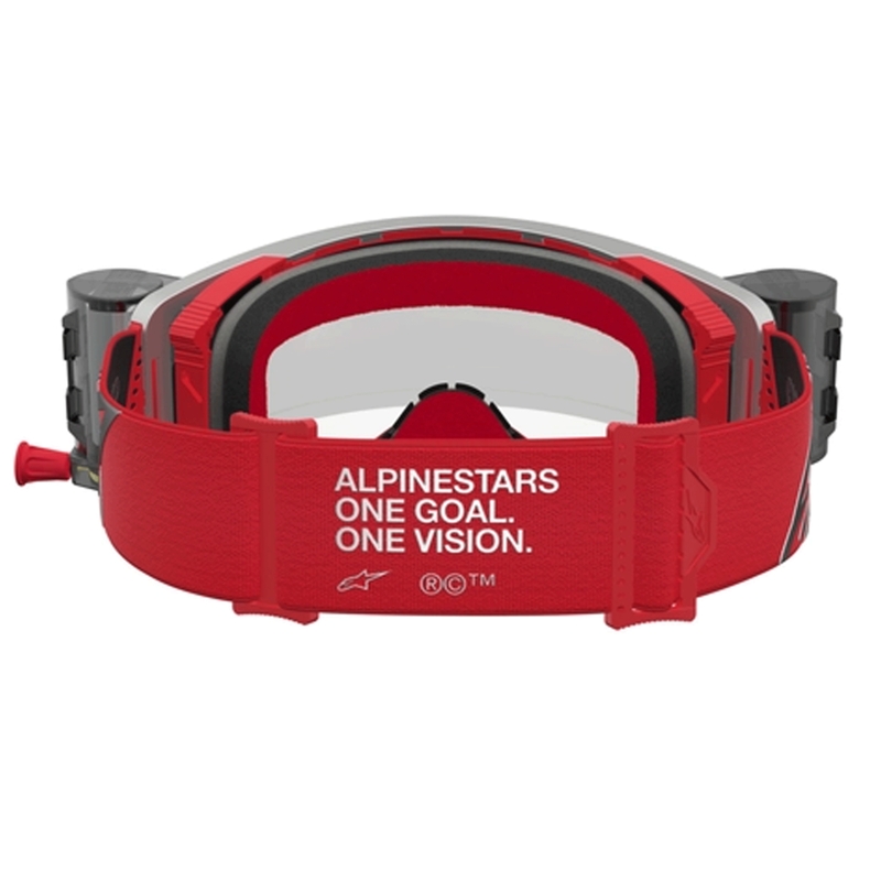 Ochelari de motocross Alpinestars Supertech Firma roșu-argintiu cu plexiglas transparent