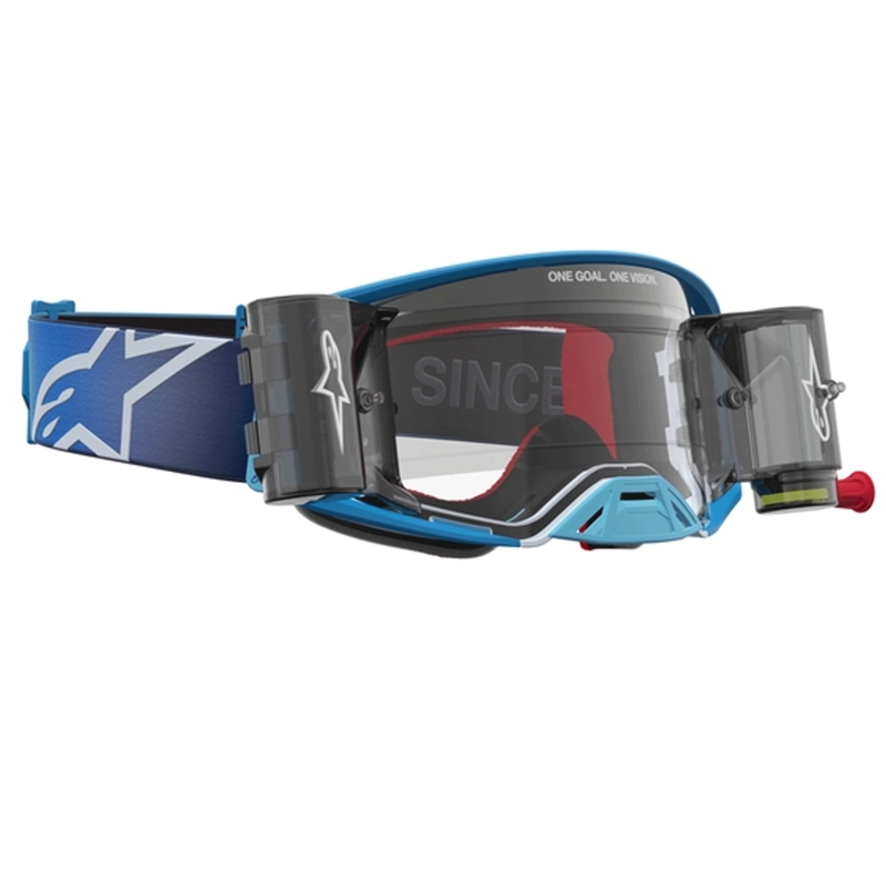 Ochelari motocross Alpinestars Supertech ROLL-OFF albastru-argintiu cu plexiglas transparent