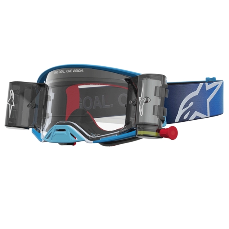 Ochelari motocross Alpinestars Supertech ROLL-OFF albastru-argintiu cu plexiglas transparent