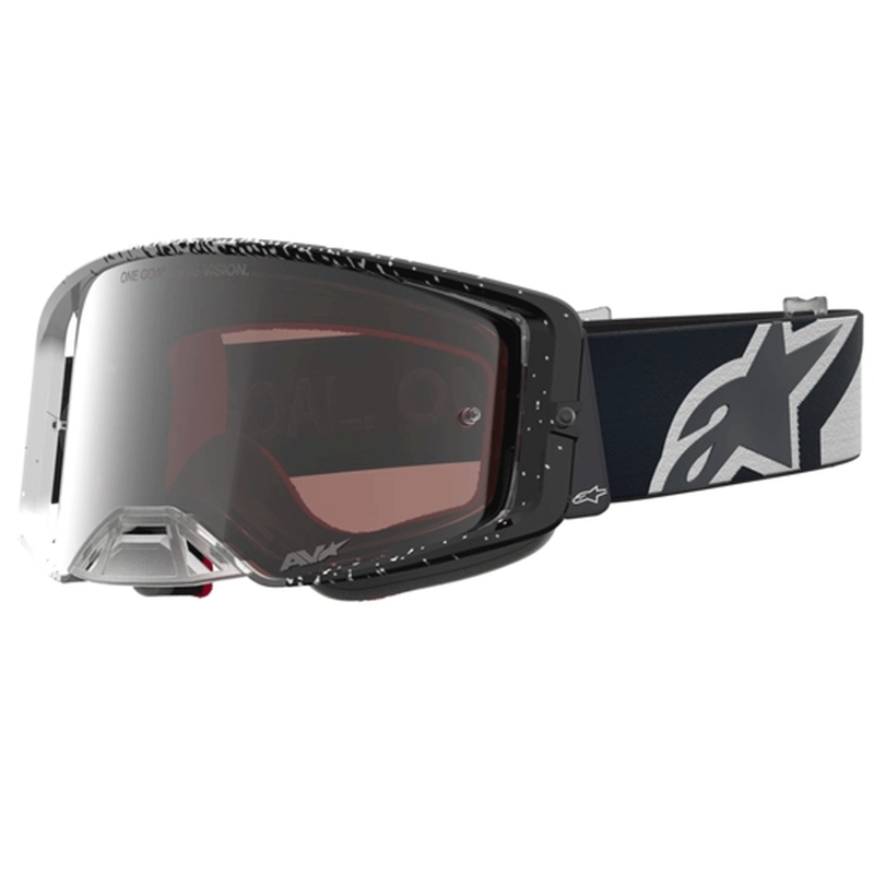 Ochelari motocross Alpinestars Supertech alb-negru cu plexiglas argintiu oglindă