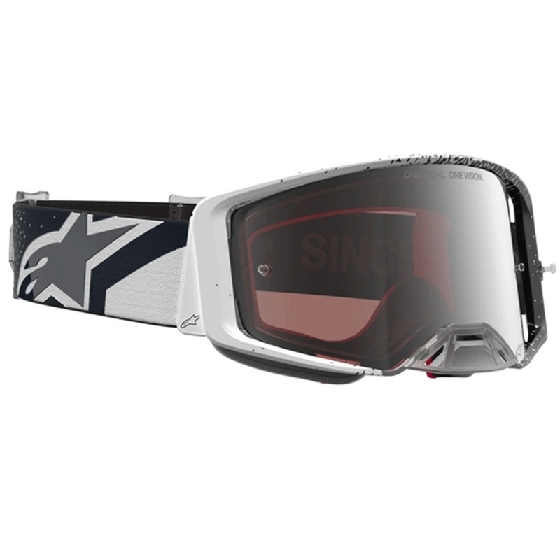 Ochelari motocross Alpinestars Supertech alb-negru cu plexiglas argintiu oglindă
