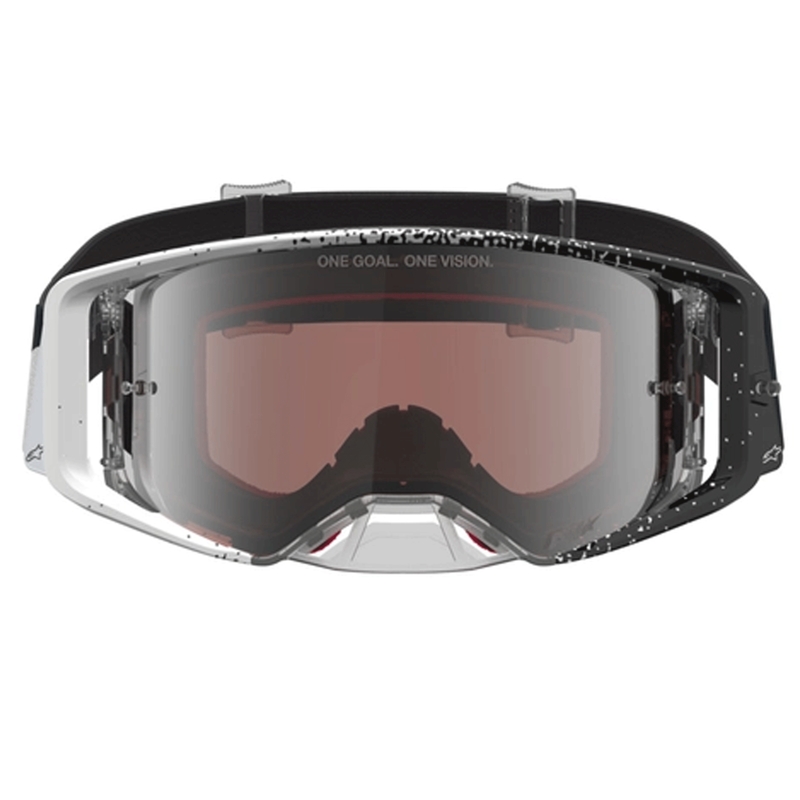 Ochelari motocross Alpinestars Supertech alb-negru cu plexiglas argintiu oglindă