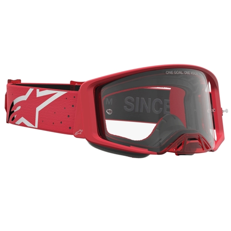 Ochelari motocross Alpinestars Supertech Vesta fluo roșu-crom (plexiglas transparent)