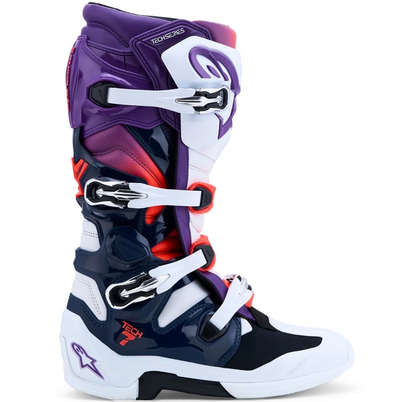Ghete motocross Alpinestars TECH 7 violet-alb-albastru închis-roșu fluo
