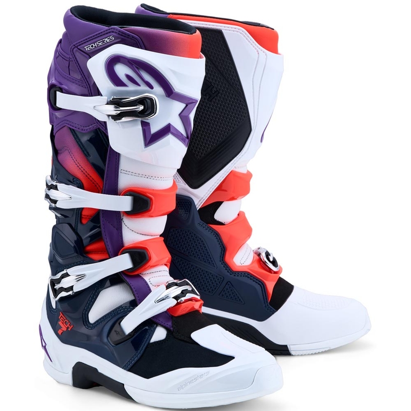 Ghete motocross Alpinestars TECH 7 violet-alb-albastru închis-roșu fluo