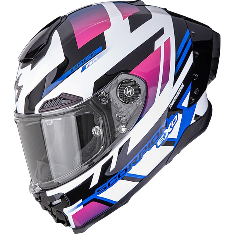 Cască integrală pentru motocicletă Scorpion EXO-RACE Air Carbon Fury alb-roz-albastru