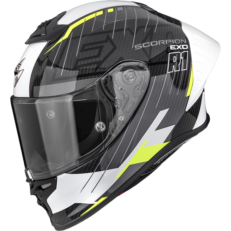 Cască integrală pentru motocicletă Scorpion EXO-R1 EVO II Air Surge negru-alb-galben fluo