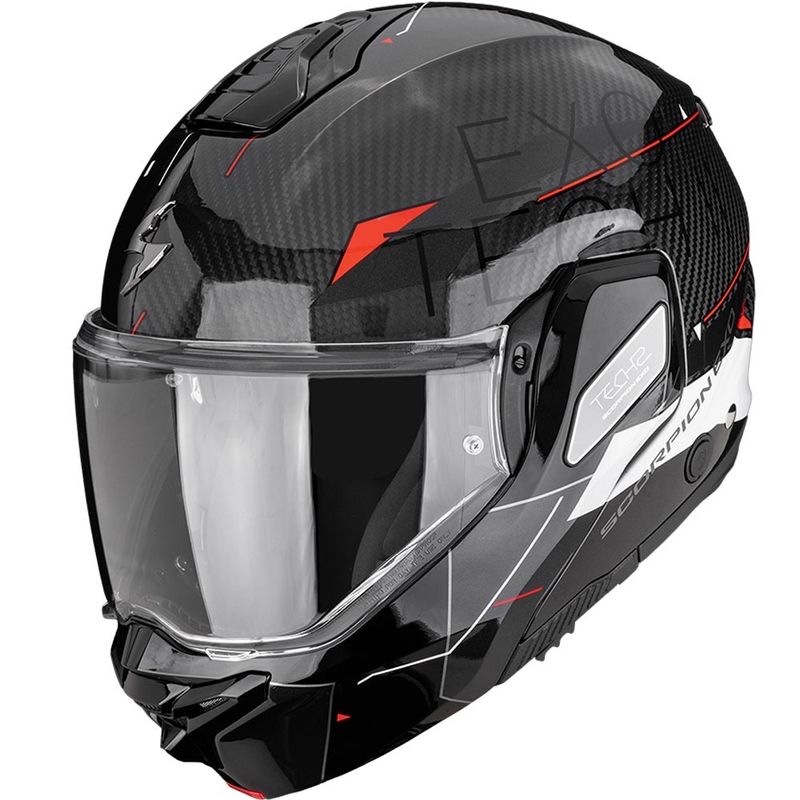Cască de motocicletă Scorpion EXO-TECH II Carbon Viator, flip-up, negru-alb-roșu