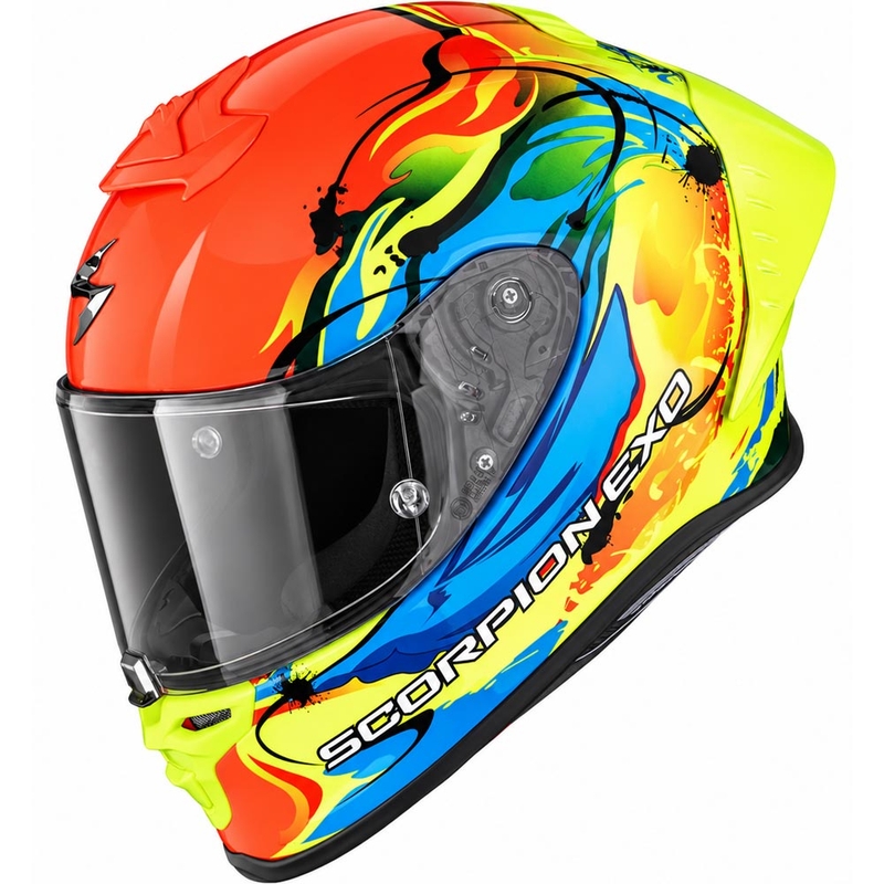 Cască integrală pentru motocicletă Scorpion EXO-R1 EVO II Air Thrust, roșu-albastru-galben fluo