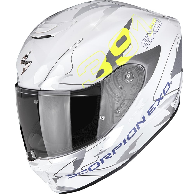 Cască integrală pentru motocicletă Scorpion EXO-391 Key, alb-argintiu-galben fluo