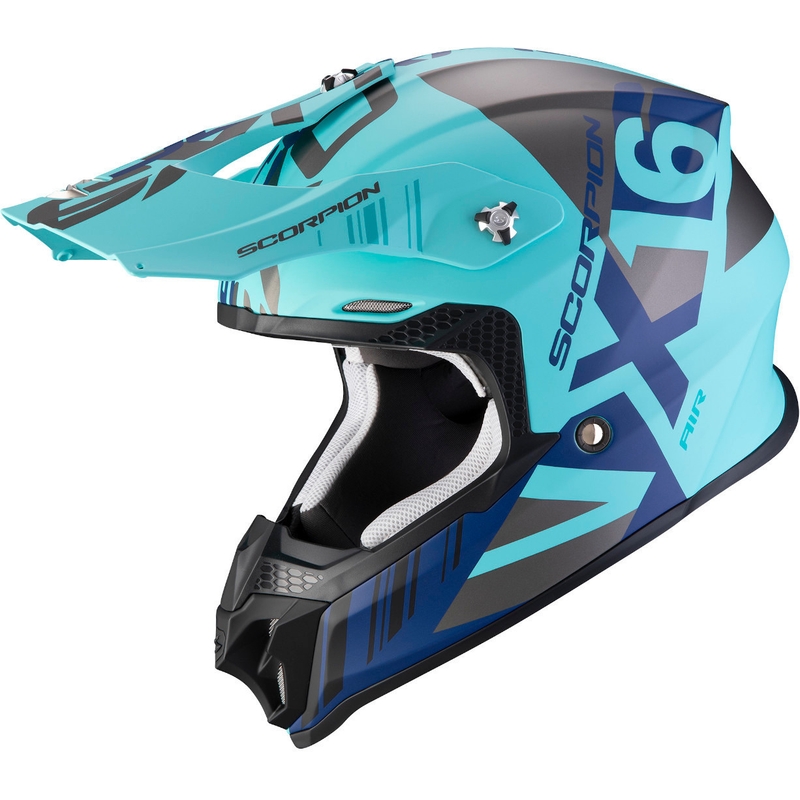 Cască de motocros Scorpion VX-16 Air Mach argintiu-albastru-turcoaz