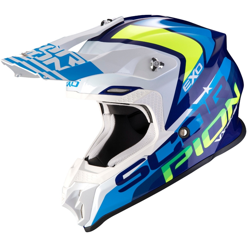 Casca de motocross Scorpion VX-16 Air Nation albastru-alb-alb-fluo galben lichidare