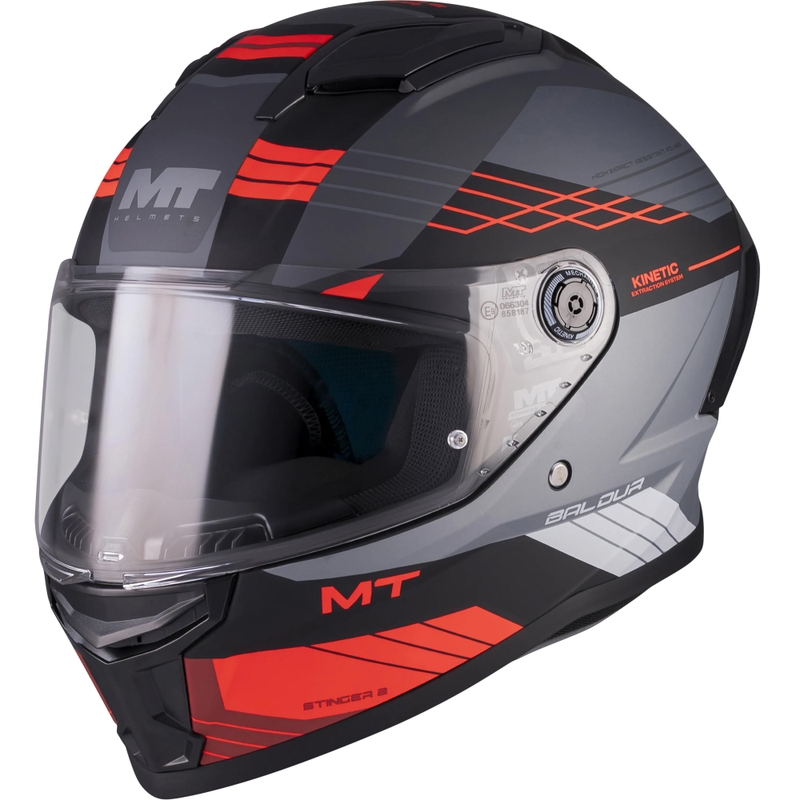 Cască integrală pentru motocicletă MT Stinger 2 Baldur C15 negru mat-gri-roșu