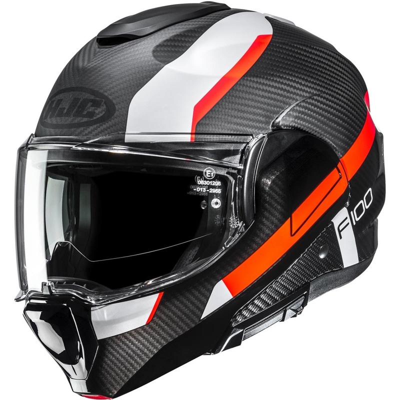 Cască de motocicletă pliabilă HJC F100 Carbon Askan MC6HSF negru-portocaliu-alb-roșu