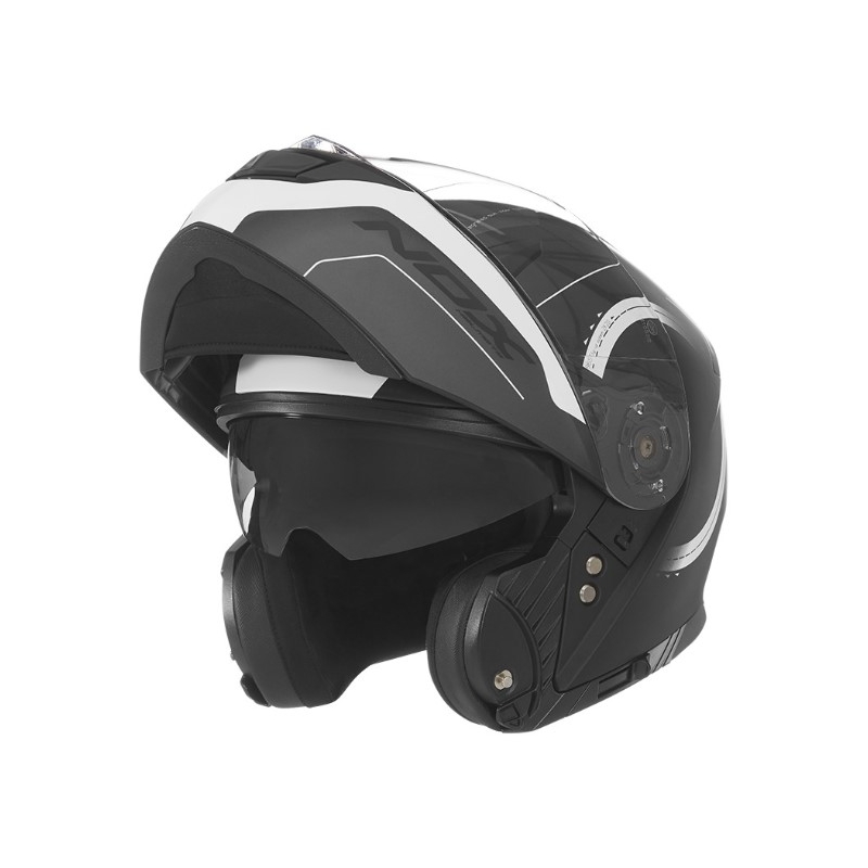 Cască de motocicletă NOX N965 Peak cu clapetă albă și neagră