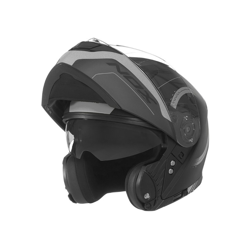 Cască de motociclist NOX N965 Peak negru și argintiu cu clapetă flip-up